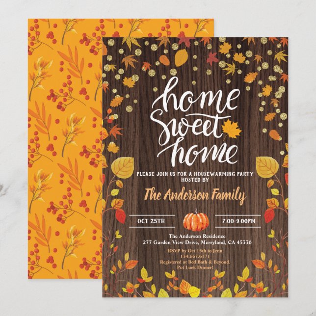 Fall housewarming party rustic wood pumpkin gold invitation (Front/Back)