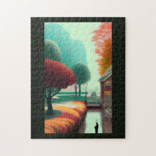 Fall in a fantasy town golden red and green leaves jigsaw puzzle