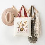 Fall in Love | Autumn Acorn Wedding Favour Tote Bag<br><div class="desc">Celebrate the season -- and your wedded bliss -- with these pretty seasonal wedding favour tote bags. Design features "fall in love" in marsala and burnt orange mixed typography with an acorn standing in for the "O." Personalise with your names and wedding date.</div>