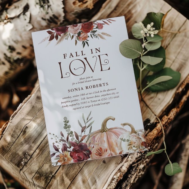 'Fall In Love' Autumn Blooms Pumpkin Bridal Shower Invitation (Creator Uploaded)