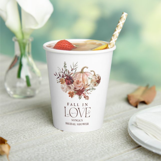 Fall in Love' Autumn Blooms Pumpkin Bridal Shower Paper Cups (Insitu)