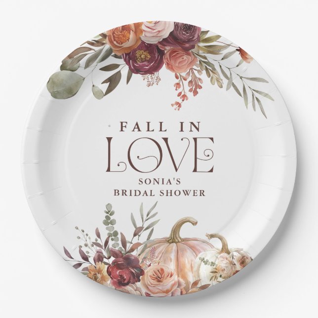 'Fall In Love' Autumn Blooms Pumpkin Bridal Shower Paper Plate (Front)