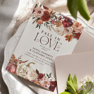 'Fall In Love' Autumn Blooms Pumpkin Wedding Invitation