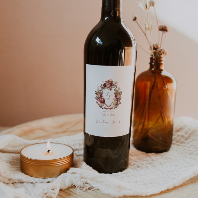 Fall In Love | Autumn Blooms Wedding Crest Wine Label (Creator Uploaded)