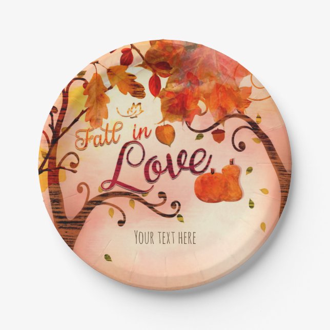 FALL IN LOVE Autumn Bridal Shower Any Event Paper Plate (Front)