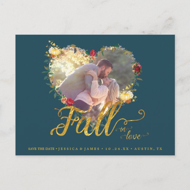Fall in Love Autumn Burgundy Gold Save the Date Postcard (Front)