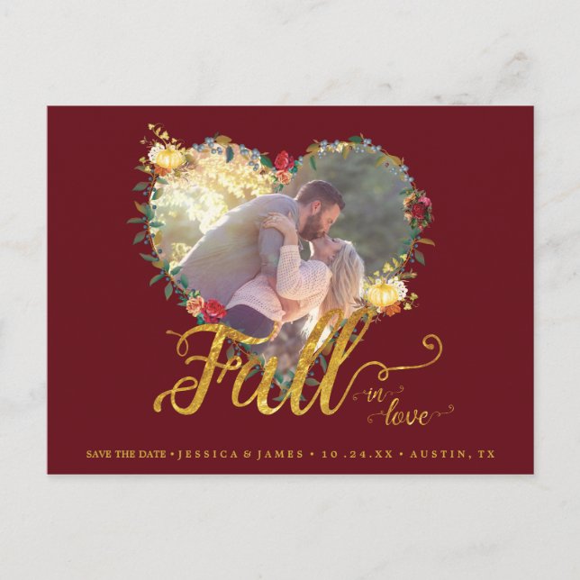 Fall in Love Autumn Burgundy Gold Save the Date Postcard (Front)