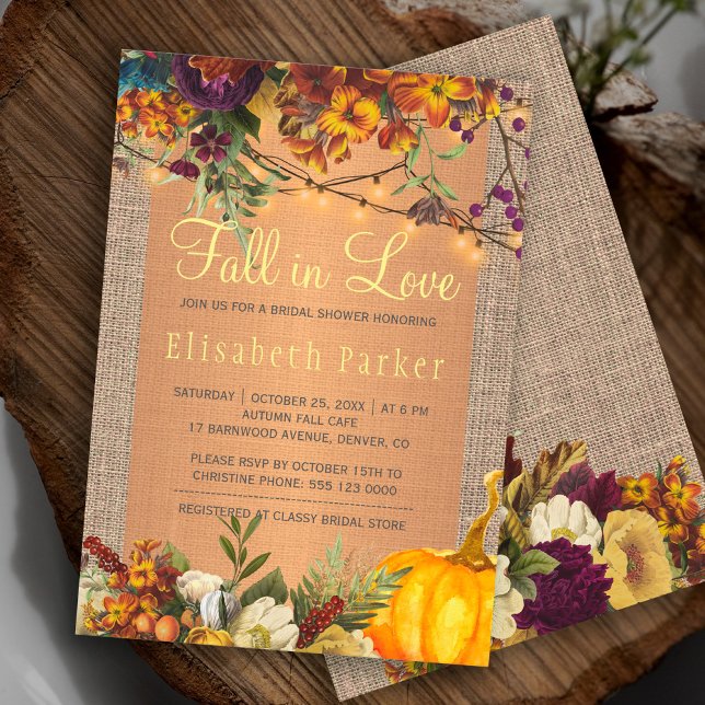 Fall in Love autumn floral burlap bridal shower Invitation (Creator Uploaded)