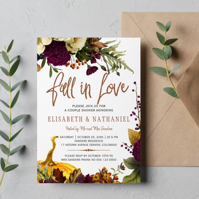 Fall in love autumn floral couple shower invitation (Creator Uploaded)