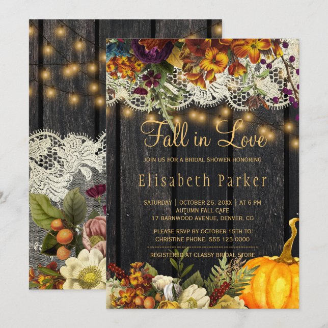 Fall in Love autumn floral lace wood bridal shower Invitation (Front/Back)