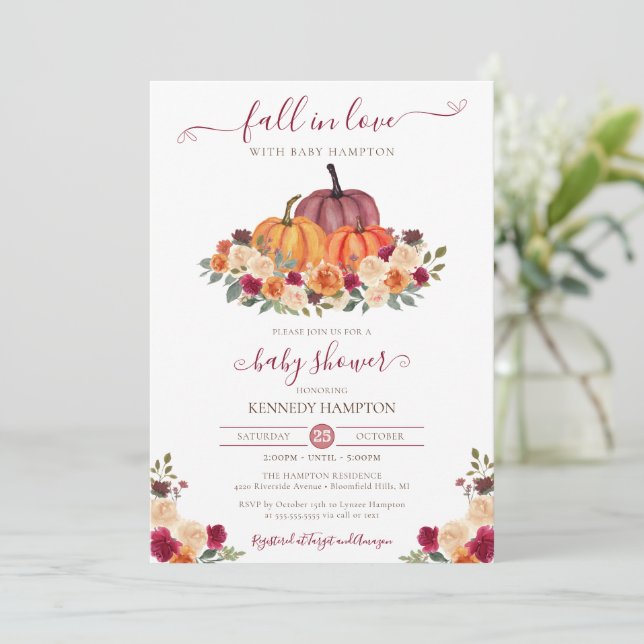 Fall in Love - Autumn Floral - Pumpkin Baby Shower Invitation (Standing Front)