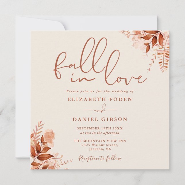 Fall In Love Autumn Floral QR Code Wedding Invitation (Front)