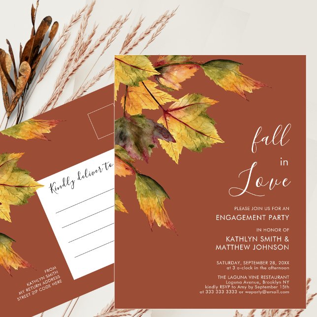 Fall in Love Autumn Foliage Elegant Engagement Invitation Postcard (Creator Uploaded)