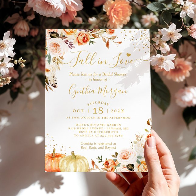 Fall in Love Autumn Gold Chic Floral Bridal Shower Invitation (Creator Uploaded)