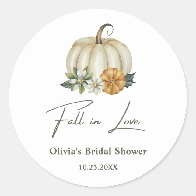 Fall in Love Autumn Greenery Pumpkin Bridal Shower Classic Round Sticker (Front)