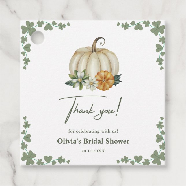 Fall in Love Autumn Greenery Pumpkin Bridal Shower Favour Tags (Front)