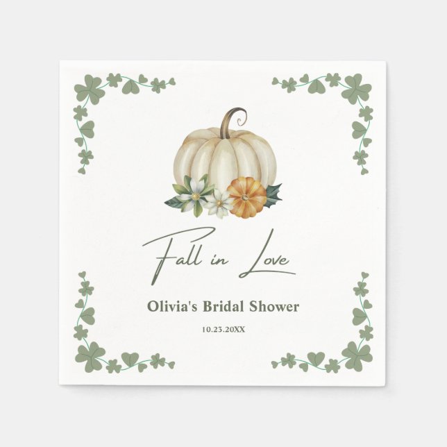 Fall in Love Autumn Greenery Pumpkin Bridal Shower Napkin (Front)