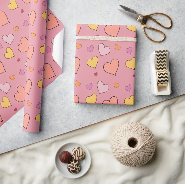Fall in Love Autumn Hearts Pink Yellow Blush Wrapping Paper (Crafts)
