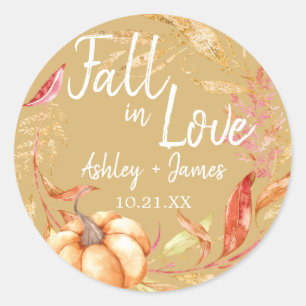 Fall in Love Autumn Leaf Yellow Wedding Monogram Classic Round Sticker