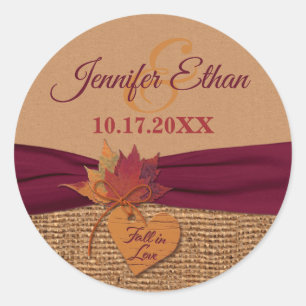 Fall in Love, Autumn Leaves, Burlap Wedding Classic Round Sticker