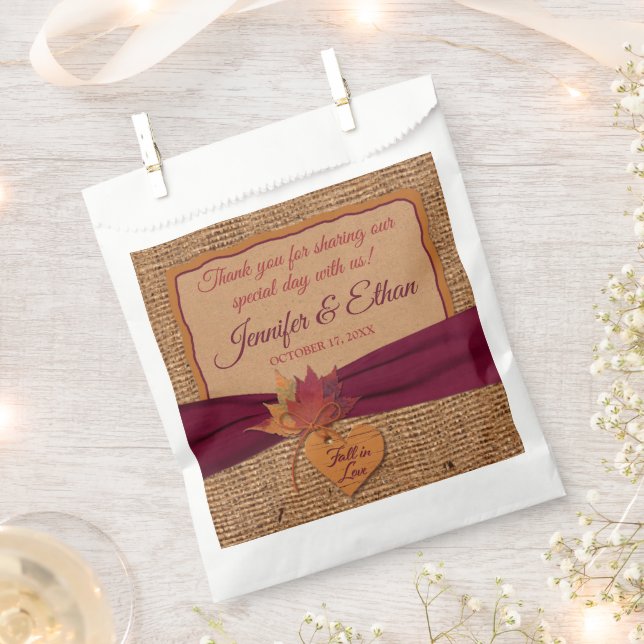 Fall in Love, Autumn Leaves, Burlap Wedding Favour Bags (Clipped)