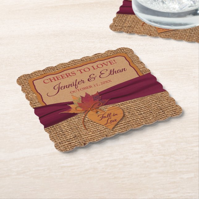 Fall in Love, Autumn Leaves, Burlap Wedding Paper Coaster (Angled)
