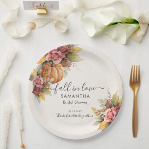 Fall in Love Autumn Leaves Pumpkin Bridal Shower Paper Plate