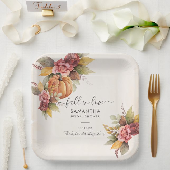 Fall in Love Autumn Leaves Pumpkin Bridal Shower Paper Plate (Wedding)