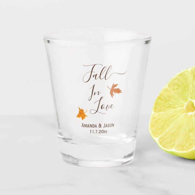 Fall In Love Autumn Leaves Wedding Favour Shot Glass (Front)