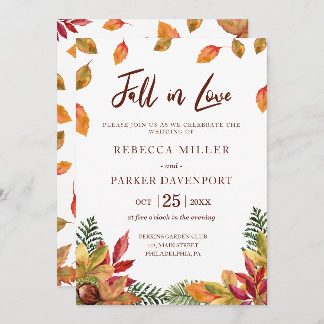 Fall in love autumn leaves wedding invitation (Front/Back)