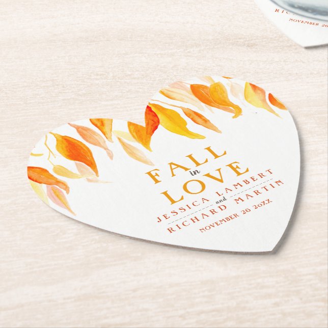 Fall in love autumn orange leaves wedding custom paper coaster (Angled)