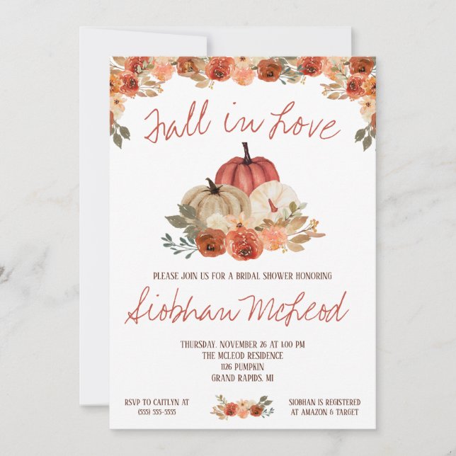 Fall in Love, Autumn Pumpkin Floral Bridal Shower Invitation (Front)