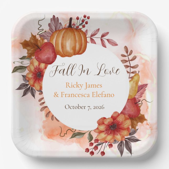 Fall In Love Autumn Pumpkin Wedding Engagement Paper Plate (Front)