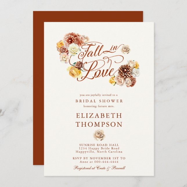 Fall in Love Autumn Rose Mum Garden Bridal Shower Invitation (Front/Back)