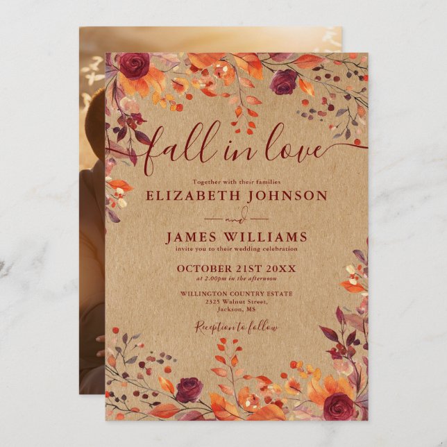 Fall In Love Autumn Rustic Floral Photo Wedding Invitation (Front/Back)