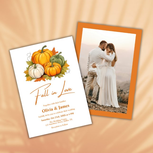 Fall in Love Autumn Rustic Pumpkin Photo Wedding  Invitation (Fall in Love Autumn Rustic Pumpkin Burnt Orange Photo Wedding Invitation )