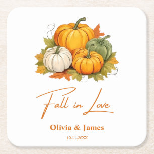 Fall in Love Autumn Rustic Pumpkin Wedding  Square Paper Coaster