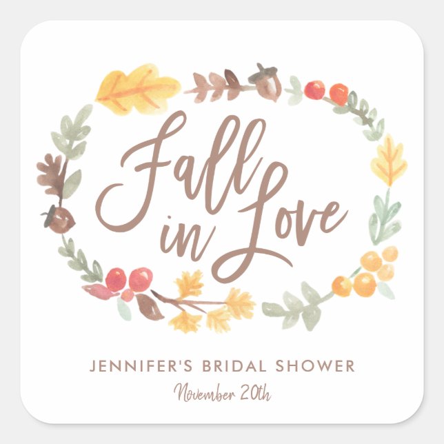 Fall in Love Autumn Watercolor Bridal Shower Square Sticker (Front)