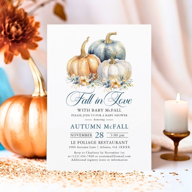 Fall in Love Baby Shower Gold Blue Pumpkins Invitation (Fall in Love Baby Shower Gold Blue Pumpkins Invitation)