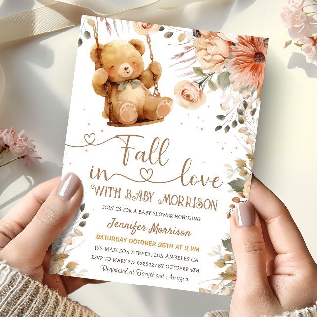 Fall in Love Baby Shower Teddy Bear Autumn Fall  Invitation (Creator Uploaded)