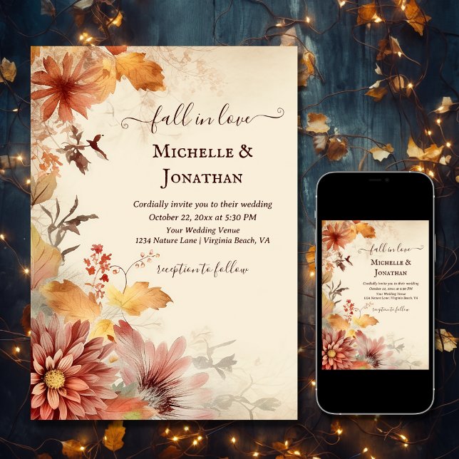 Fall in Love Beautiful Autumn Flowers Fall Wedding Invitation (Printed and Digital - Fall in Love Beautiful Autumn Flowers Fall Wedding Invitation)