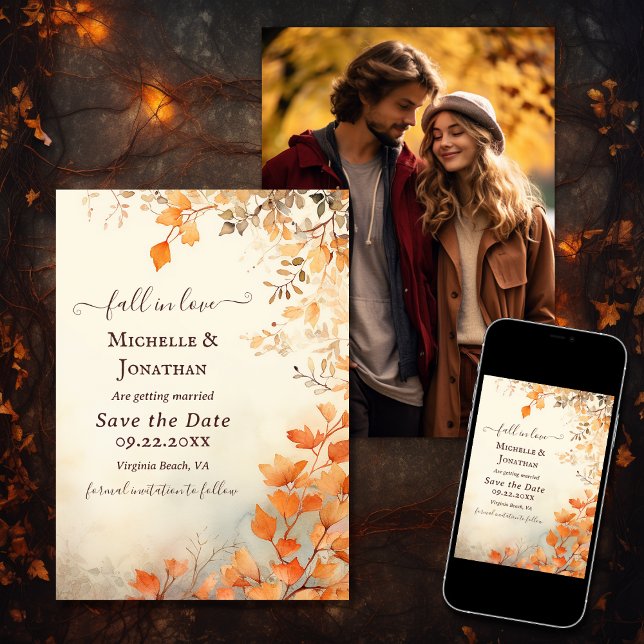 Fall in Love Beautiful Autumn Leaves Wedding Photo Save The Date (Printed and Digital - Fall in Love Beautiful Autumn Leaves Wedding Photo Save The Date)
