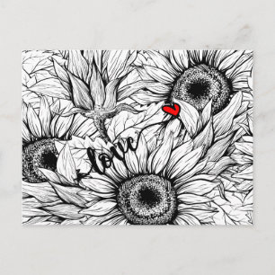 fall in love - Black and White Sunflowers Autumn Postcard