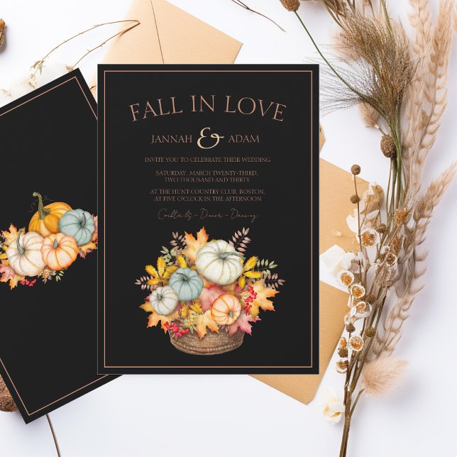 Fall in Love Black Autumn Fall Pumpkins Wedding Invitation (Creator Uploaded)