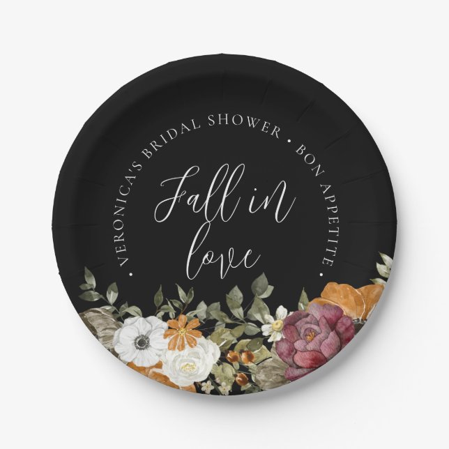 Fall in Love Black Bridal Shower  Paper Plate (Front)