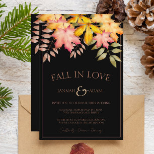 Fall in Love Black Fall Autumn Leaves Wedding Invitation