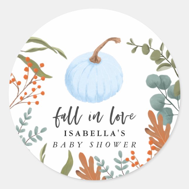 Fall in Love Blue Pumpkin Autumn Baby Shower Classic Round Sticker (Front)