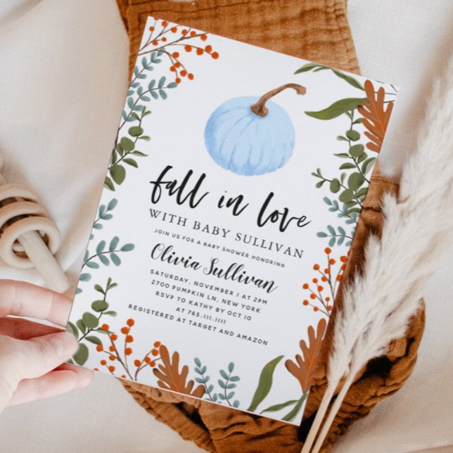 Fall in Love Blue Pumpkin Baby Shower Invitation (Creator Uploaded)