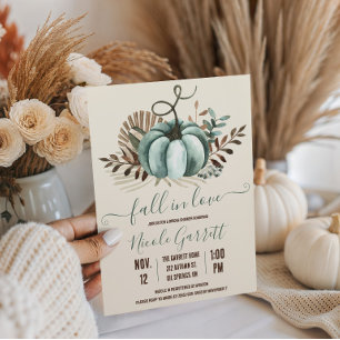 Fall in Love, Blue Pumpkin, Floral Bridal Shower Invitation