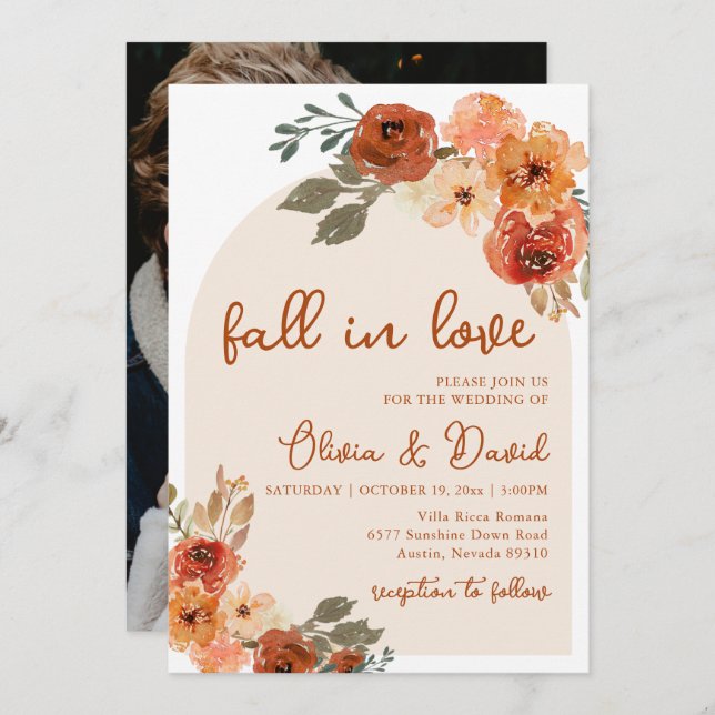 Fall in Love Boho Floral Rustic Autumn Wedding Invitation (Front/Back)